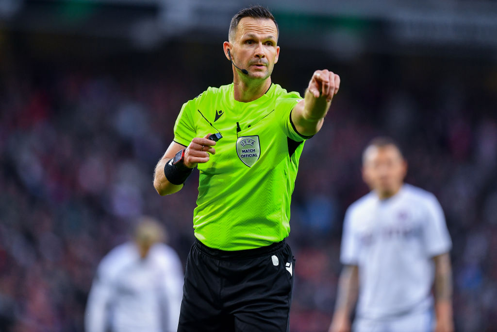 Referee Ivan Kruzliak gestures during the UEFA Europa Conference League 2023/24 Quarter-final second leg match between Lille OSC and Aston Villa at Stade Pierre-Mauroy on April 18, 2024 in Lille, France. (Photo by Franco Arland/Getty Images)