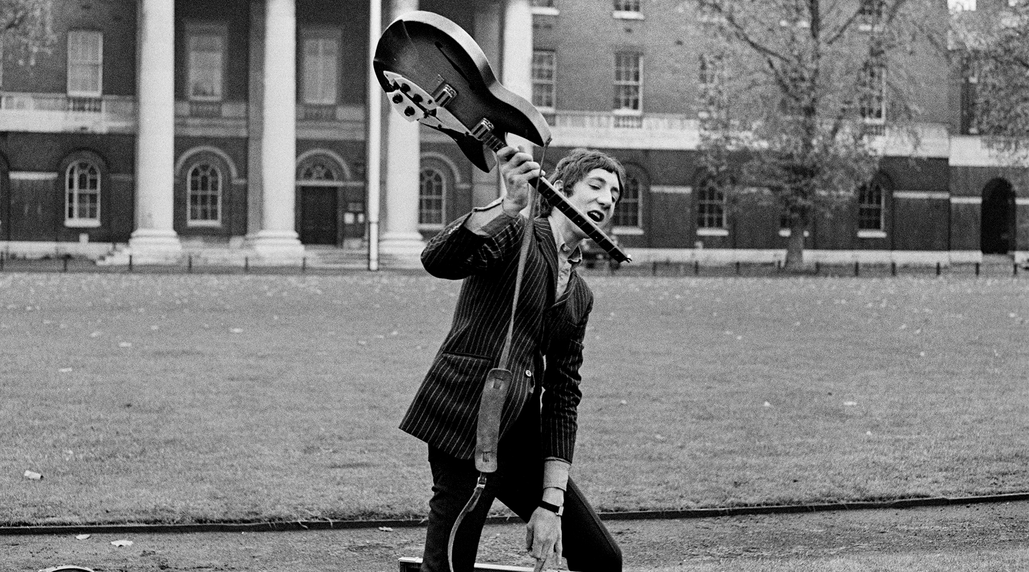 British guitarist and songwriter Pete Townshend, smashing a Rickenbacker guitar, as British rock band The Who perform live at the Duke of York Barracks, Chelsea, London, England, 12th November 1966. Townshend's band The Who, who performed five songs, were being filmed for a piece about 'Swinging London' for NBC's 'Today' show.