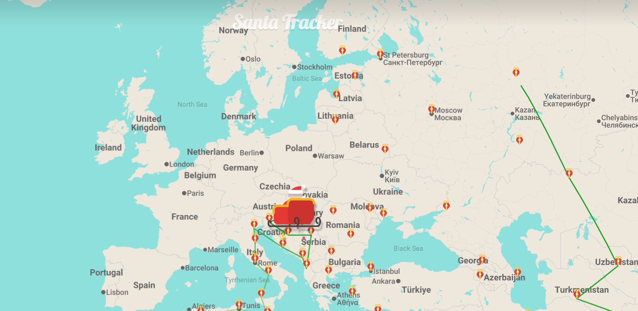 Santa tracking over Europe showing the sleigh above Hungary and Budapest