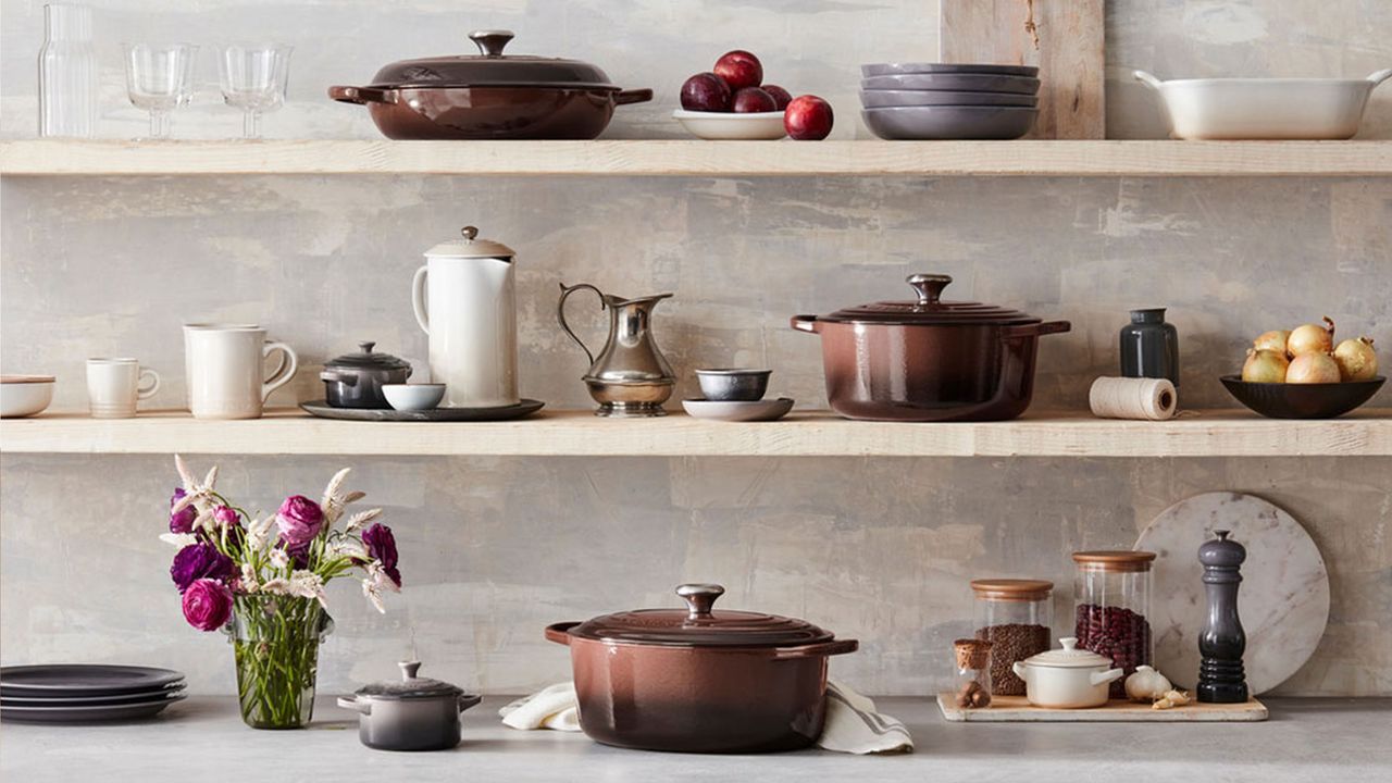 12 best Le Creuset buys. Ganache Le Creuset set on kitchen shelf and countertop