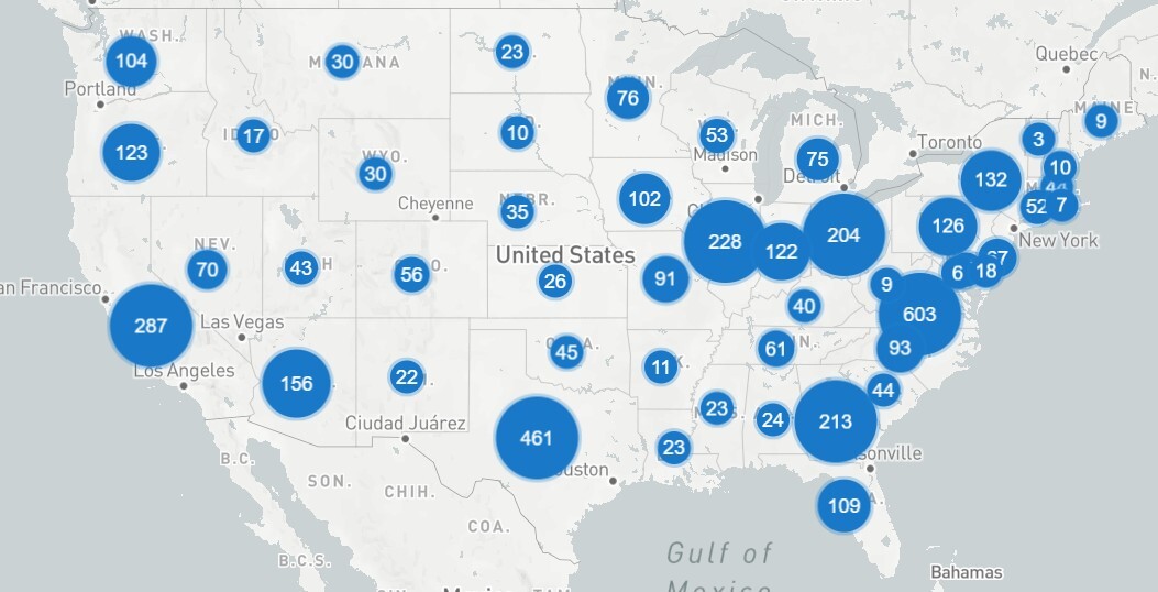 U.S. Map showing the number of data centers in each state.