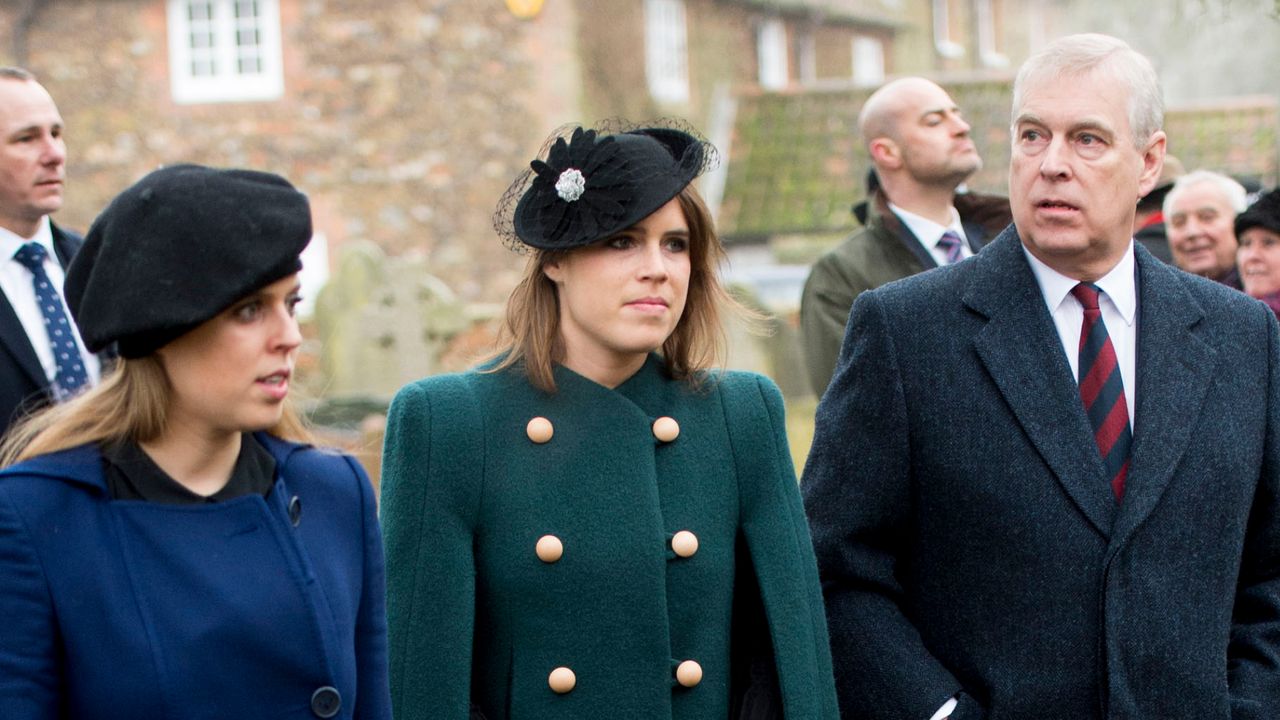 Princess Beatrice wears a blue coat and Princess Eugenie wears a green coat with gold buttons