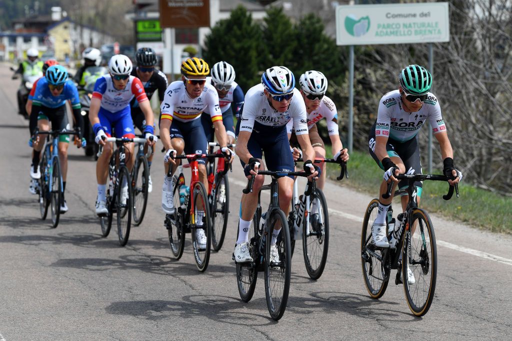 PIEVEDIBONO ITALY APRIL 22 Felix Groschartner of Austria and Team Bora Hansgrohe Luis Leon Sanchez Gil of Spain and Team Astana Premier Tech Nicolas Prodhomme of France and Ag2R Citroen Team Christopher Froome of United Kingdom and Team Israel StartUp Nation on breakaway during the 44th Tour of the Alps 2021 Stage 4 a 1686 to stage from Naturns to Valle del Chiese Pieve di Bono TourofTheAlps TouroftheAlps on April 22 2021 in Pieve di Bono Italy Photo by Tim de WaeleGetty Images