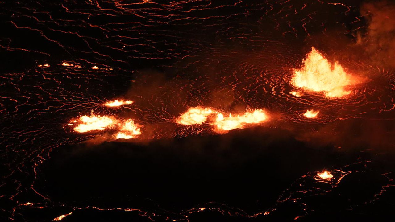 The eruption within Halema'uma'u crater is spewing low lava fountains in the center of the lava lake (pictured) and along the western wall of Halema'uma'u.