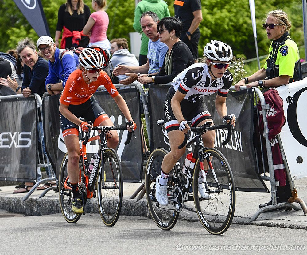Leah Kirchmann (Team Sunweb) chases with Katherine Maine (Rally Cycling) on her wheel