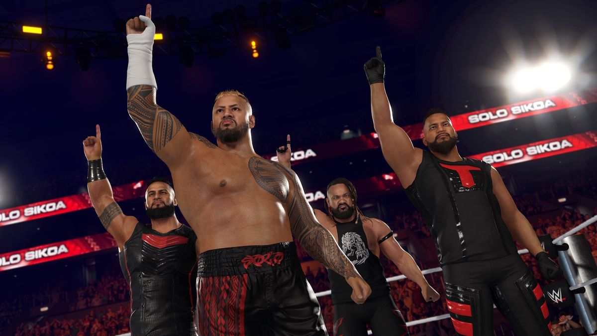 Promotional screenshot of Solo Sikoa and his Bloodline faction in WWE 2K25.