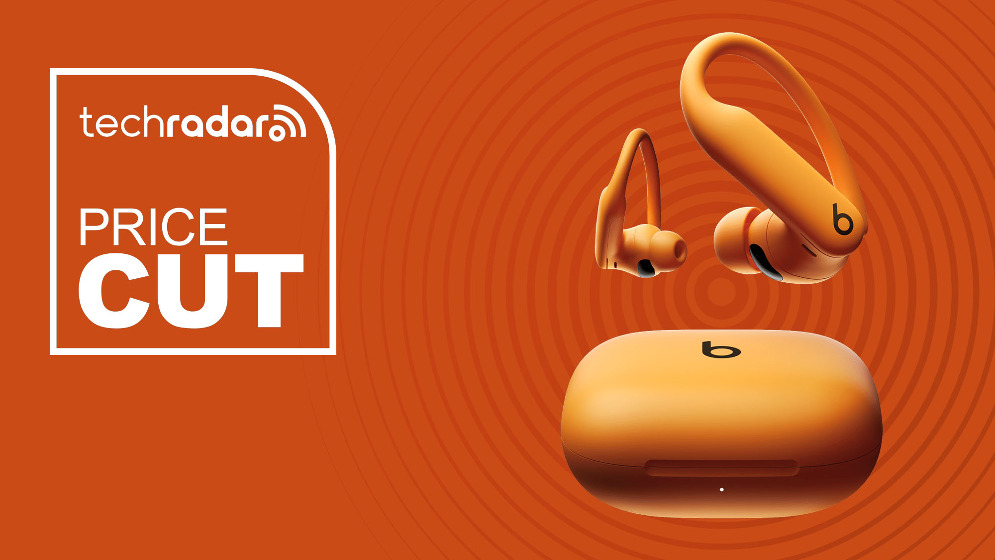 Beats Powerbeats Pro 2 in orange on orange background with price cut sign
