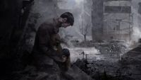 This War of Mine background art - man holding dead woman in the foreground while soldiers stand around in the background