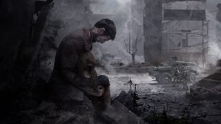 This War of Mine background art - man holding dead woman in the foreground while soldiers stand around in the background