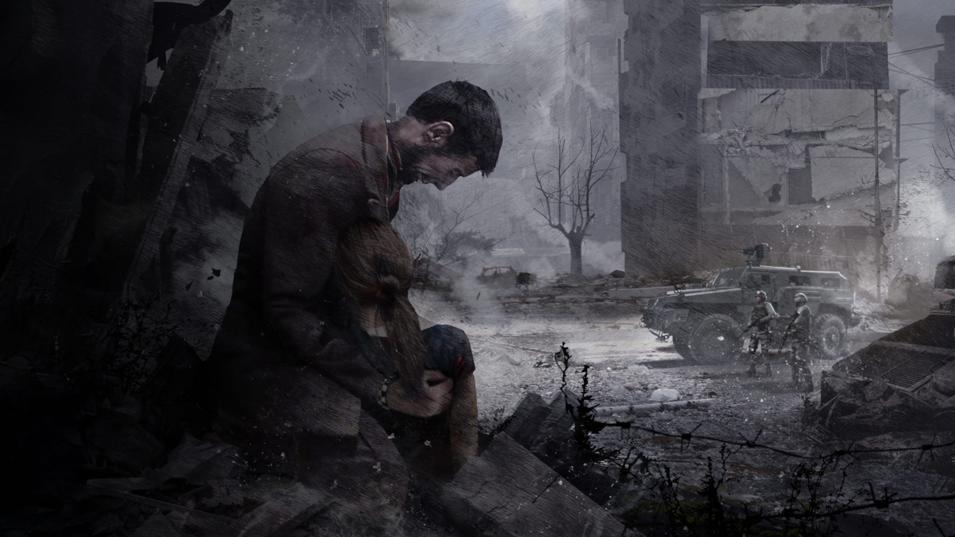 This War of Mine background art - man holding dead woman in the foreground while soldiers stand around in the background