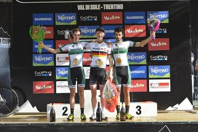 U23 men's cross country podium in Val di Sole (L-R): Daniele Braidot, Markus Schulte-Luenzum and Nicholas Pettina