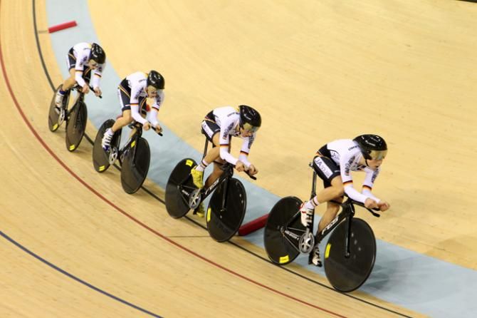 Germany on their way to win the silver medal in the team pursuit