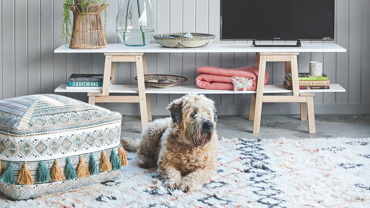 Shaggy dog laying on a berber rug with tv accessories behind it and a footstool next to it