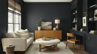 Living room painted in soft black one of the big interior colour trends for 2024