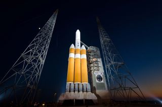 A United Launch Alliance Delta IV Heavy rocket on the launchpad.