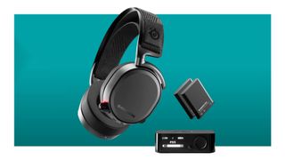 The SteelSeries Arctis Pro Wireless gaming headset, DAC and batteries on a teal deal background
