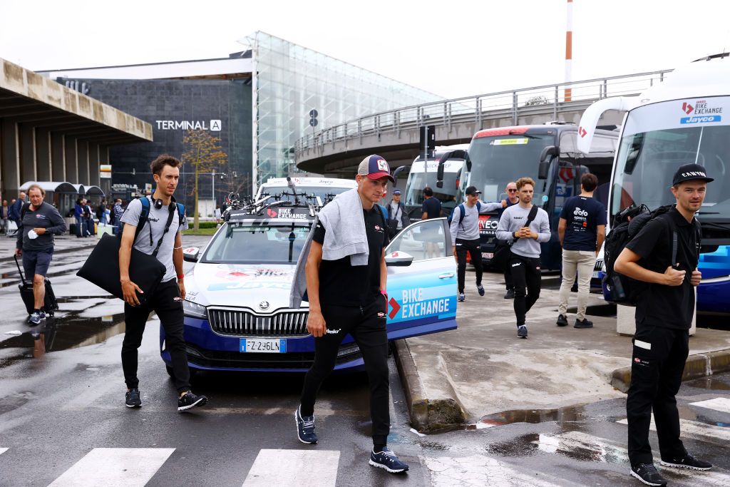 AVOLA ITALY MAY 09 LR Dries De Bondt of Belgium and Team Alpecin Fenix and Mathieu Van Der Poel of Netherlands and Team Alpecin Fenix pink leader jersey during the 105th Giro dItalia 2022 Rest Day 1 on the arrival of the teams at Sicily airport Giro WorldTour on May 09 2022 in Avola Italy Photo by Michael SteeleGetty Images