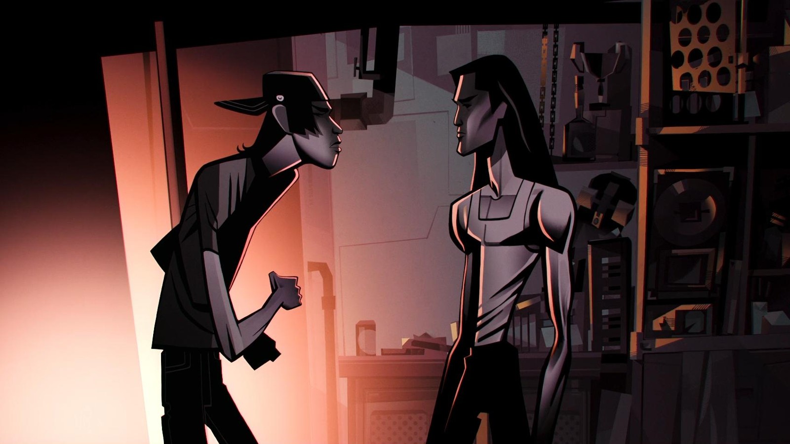 Screenshot from the animated tv series Love, Death & Robots. This still is from the episode Ice. Here we see two brothers facing off against each other in a dark bedroom. The brother on the left is wearing a t-shirt and a backwards cap. The brother on the right has long dark hair and is wearing a white vest.