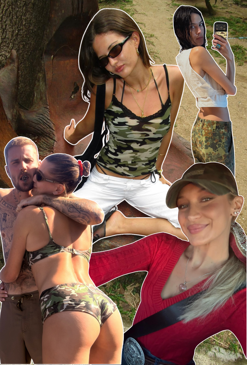 camo print trend 2026: story image. This image shows Bella Hadid, Hailey Bieber, Alexa Chung and Ruby Lynn all wearing the camo print trend in 2026. These images were taken from Instagram recently.