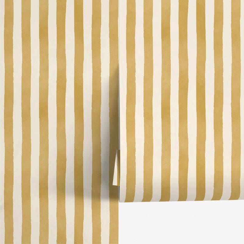 ochre and white striped wallpaper
