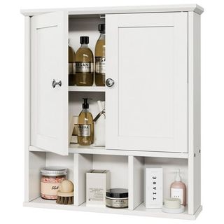 White wooden Wall-Mounted Storage Cabinet With Adjustable Partitions, With 3 Open Shelves along the bottom