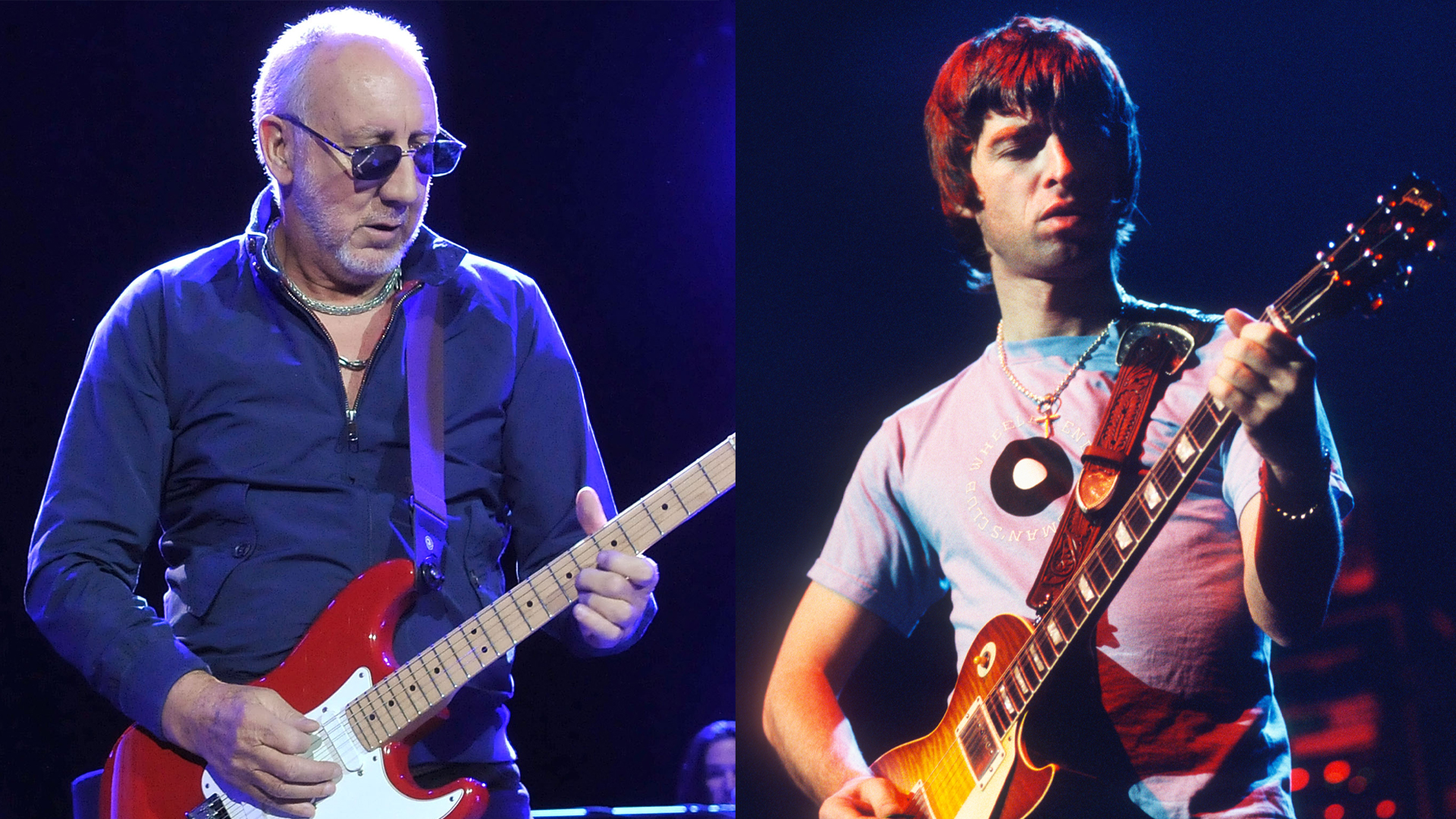 LEFT: Pete Townshend of The Who performs live on stage during the The Who Hits 50! Tour at The O2 Arena on March 22, 2015 in London, England. RIGHT: Noel Gallagher of Oasis performing at Ancienne Belgique (AB), Brussels, Belgium, 23rd March 2000. 