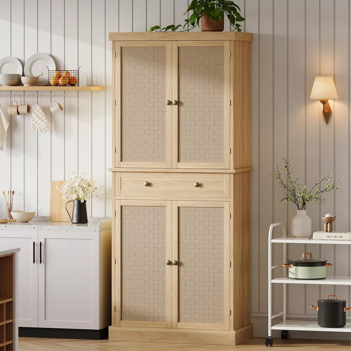 72&quot; Tall Kitchen Pantry Cabinet, Freestanding Storage Cabinet With 4 Woven Panel Doors, Farmhouse Food Cabinet, for Kitchen, Dining Room