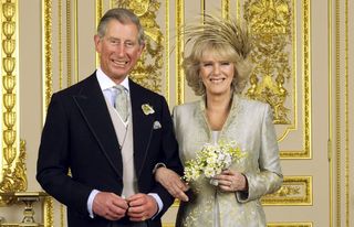 The Prince of Wales and his new bride Camilla, Duchess of Cornwall in the White Drawing Room at Windsor Castle
