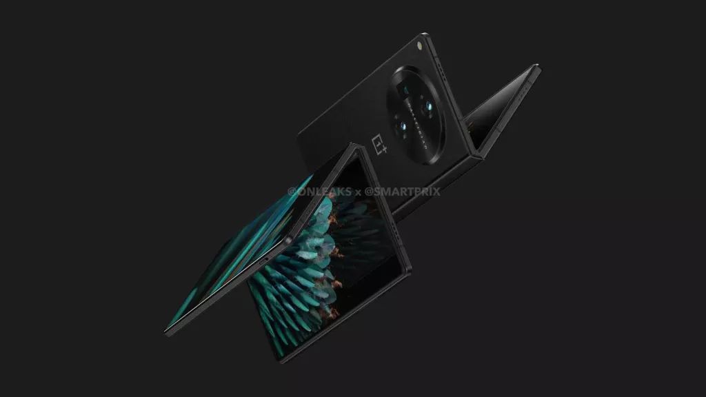 A render of the OnePlus Fold in black, on a black background