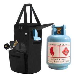 Hadanceo Propane Tank Bag Foldable Double Zipper in black with a blue tank of gas