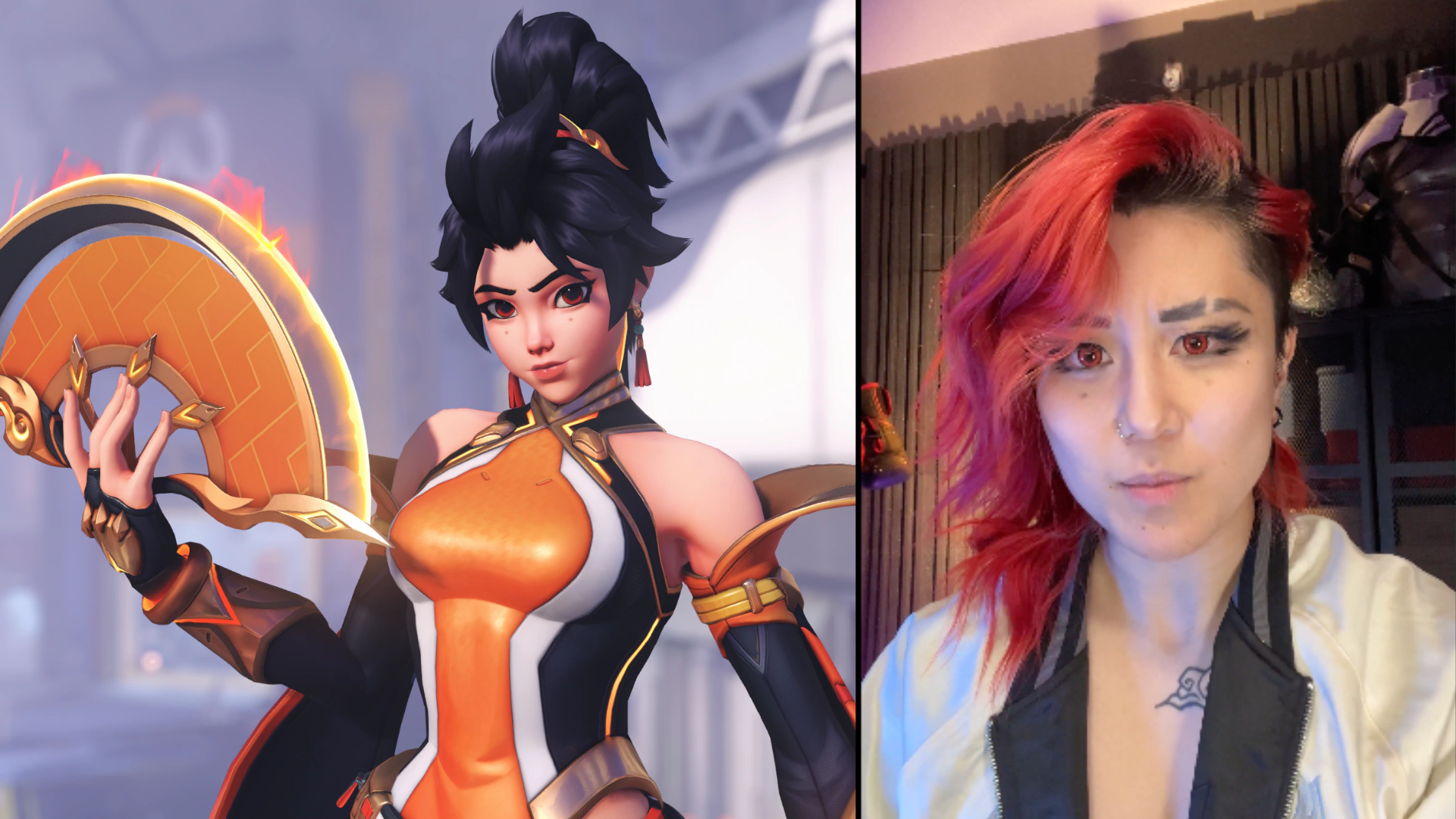 Fareeha Anderson next to the character the voice, Anran