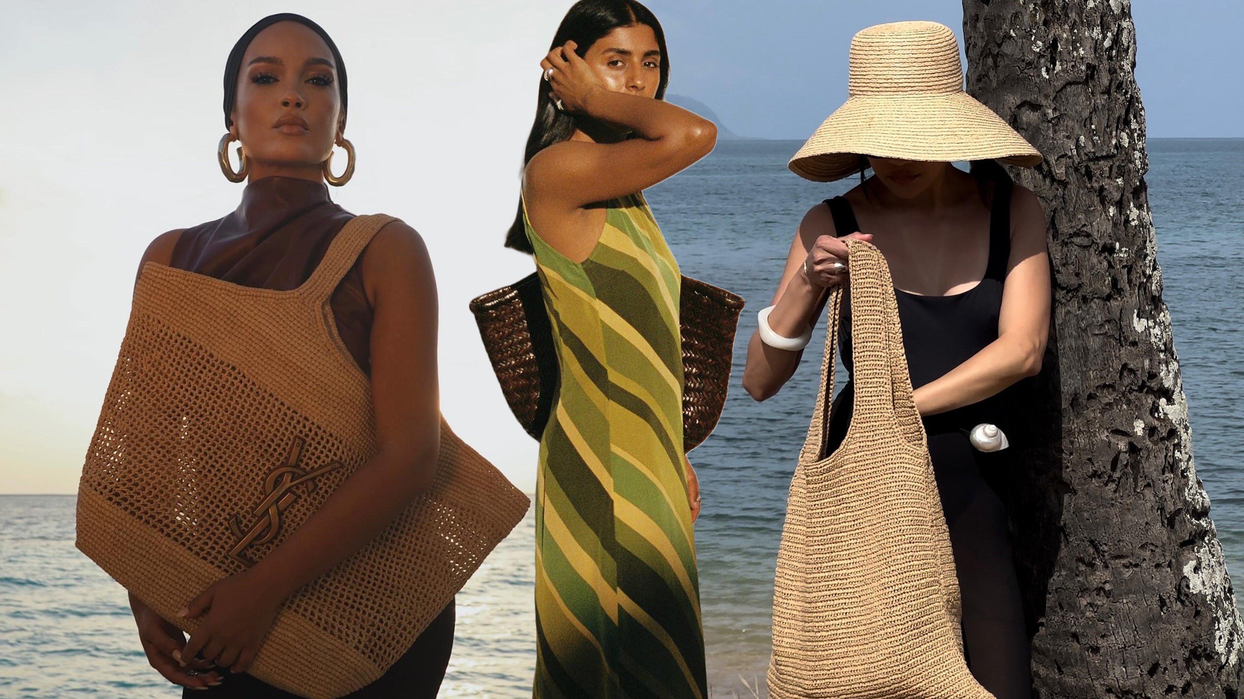 Best designer beach bags are shown in a collage of images of women, on the left a woman is wearing a black headband with gold hoops a brown shirt black pants and a raffia tote, in the middle a woman is wearing a green striped dress with a brown woven tote, and on the right, a woman is wearing a raffia hat with a black swimsuit and a raffia hobo bag