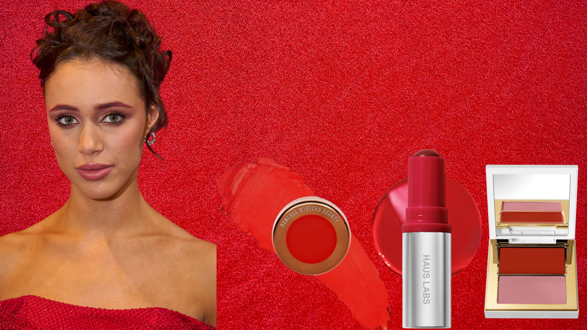 A woman wearing red-toned makeup next to three red blushes. All are in front of a red background. 