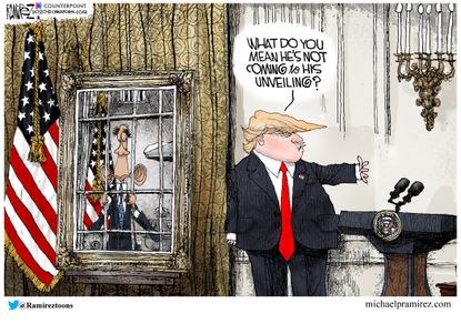 Political Cartoon U.S. Trump Obama portrait unveiling