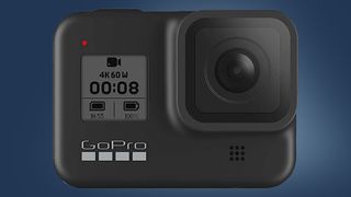The GoPro Hero 8 Black on a blue background
