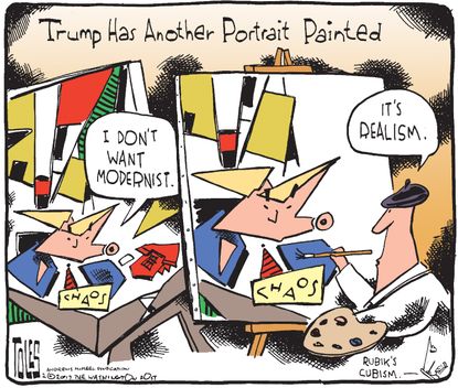 Political cartoon U.S. President Trump portrait chaos