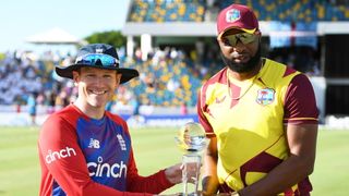 Captains Eoin Morgan of England and Kieron Pollard of West Indies before T20 cricket international