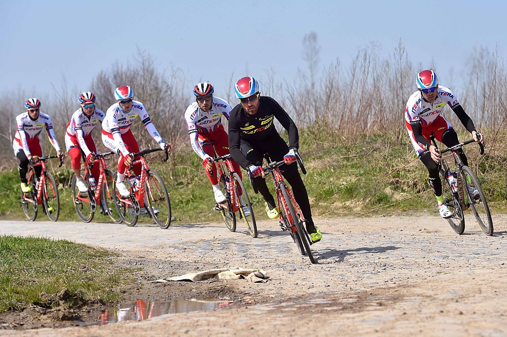 The Katusha team recons the Paris-Roubaix course