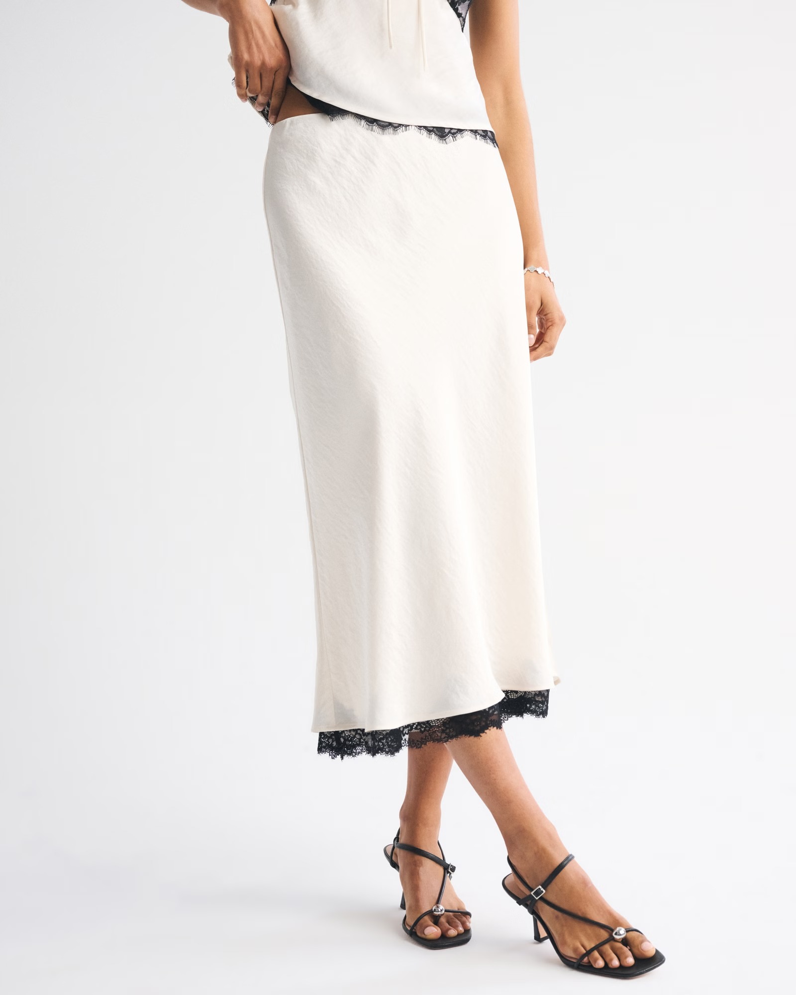 Abercrombie &amp;amp; Fitch, High Rise Satin Lace-Hem Midi Skirt
