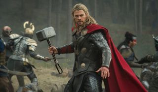Chris Hemsworth as Thor in Dark World, battle scene