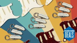 Fender loaded pickguards and pickups on a colorful background