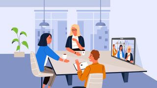A cartoon image of three people in a hybrid meeting with three people on a videoconferencing display.