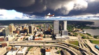 Screenshot of Microsoft Flight Simulator City Update 15 flying over one of the new cities, Milwaukee, Wisconsin.