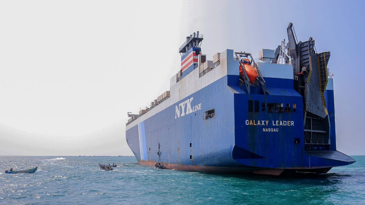 The Galaxy Leader cargo ship, seized by Houthi rebel fighters two days earlier, at a port on the Red Sea in Yemen&#039;s province of Hodeida