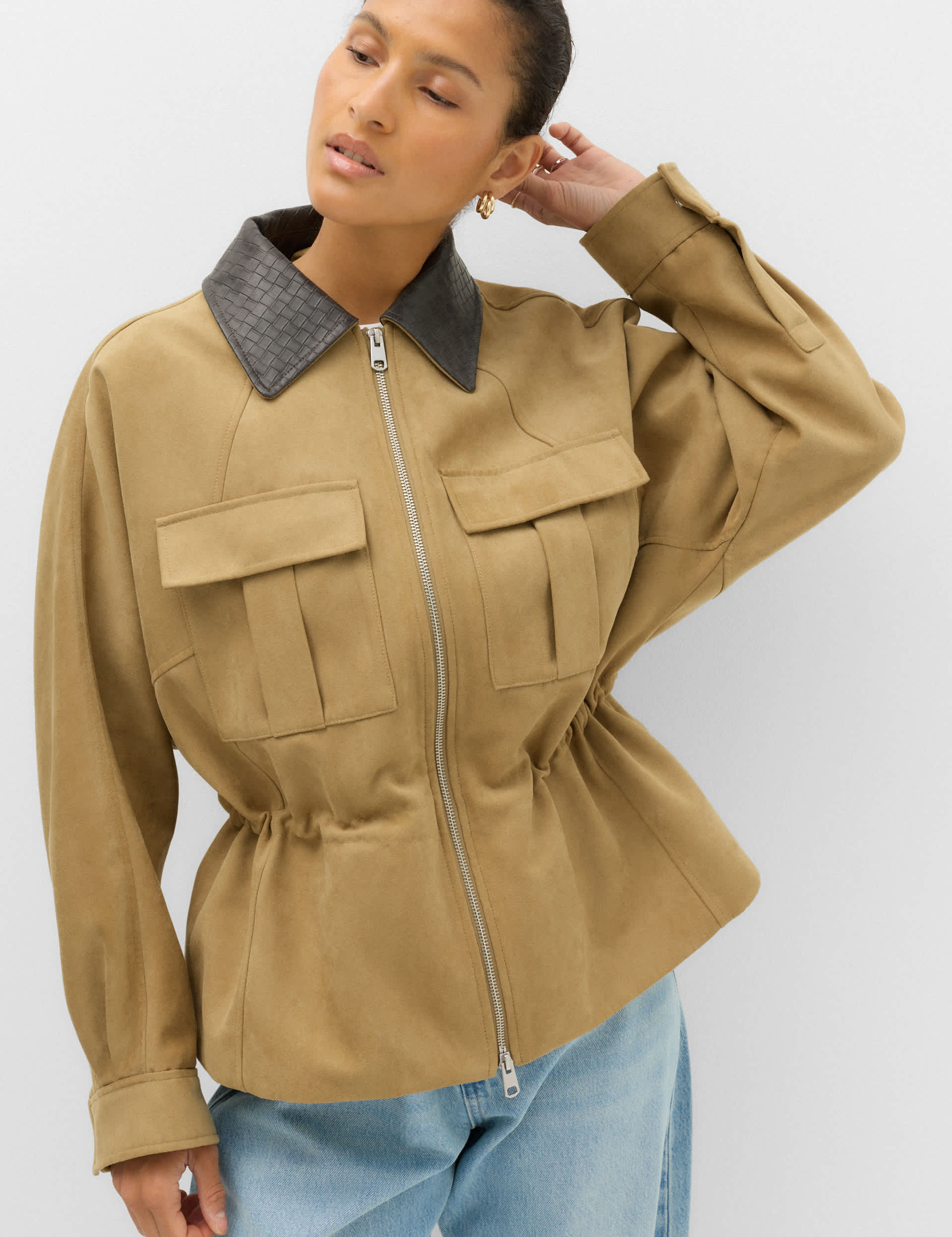 Suedette Collared Peplum Utility Jacket