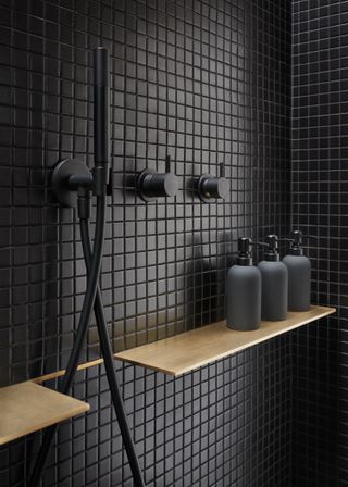 A shower area with caddies