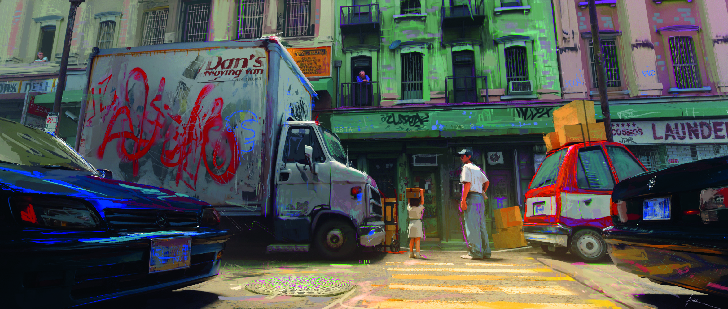 Concept art showing a removal van outside an old building