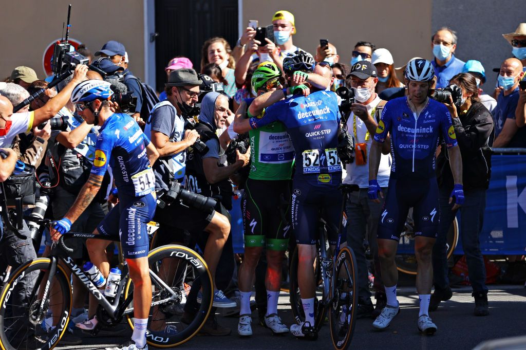CARCASSONNE FRANCE JULY 09 Mattia Cattaneo of Italy Mark Cavendish of The United Kingdom Green Points Jersey Kasper Asgreen of Denmark Michael Mrkv of Denmark and Team Deceuninck QuickStep celebrate at arrival during the 108th Tour de France 2021 Stage 13 a 2199km stage from Nmes to Carcassonne LeTour TDF2021 on July 09 2021 in Carcassonne France Photo by Tim de WaeleGetty Images
