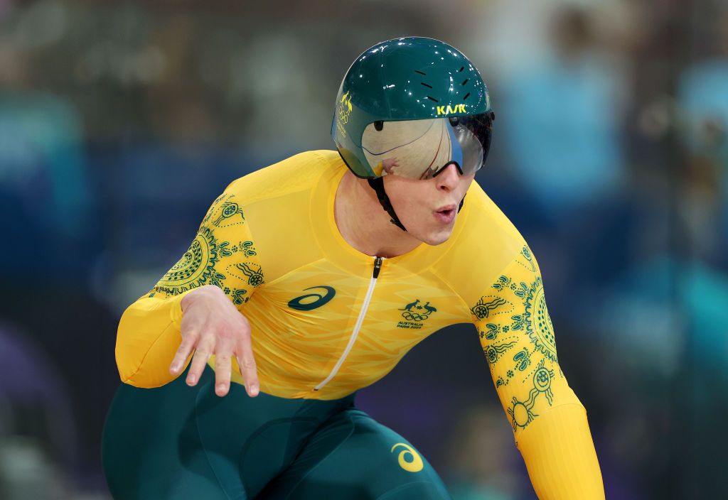 PARIS FRANCE AUGUST 07 Matthew Richardson of Team Australia celebrates after break a new world record during the Mens Sprint Qualifying on day twelve of the Olympic Games Paris 2024 at SaintQuentinenYvelines Velodrome on August 07 2024 in Paris France Photo by Tim de WaeleGetty Images