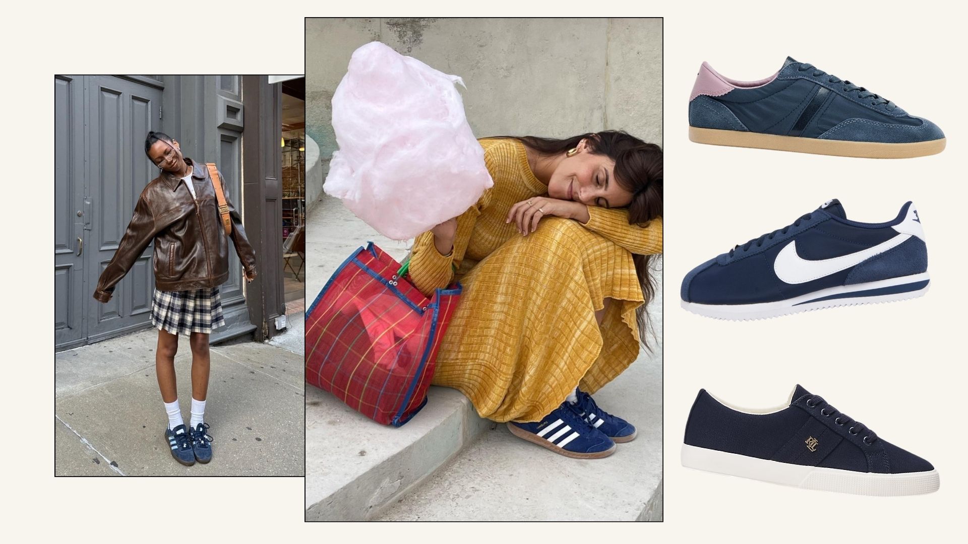 Influencers @chanelmckinsie, @dianekari wear navy trainers with skirts and dresses.